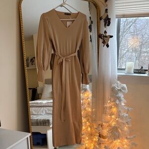 Chic Beige Long Sleeve Dress with Belt